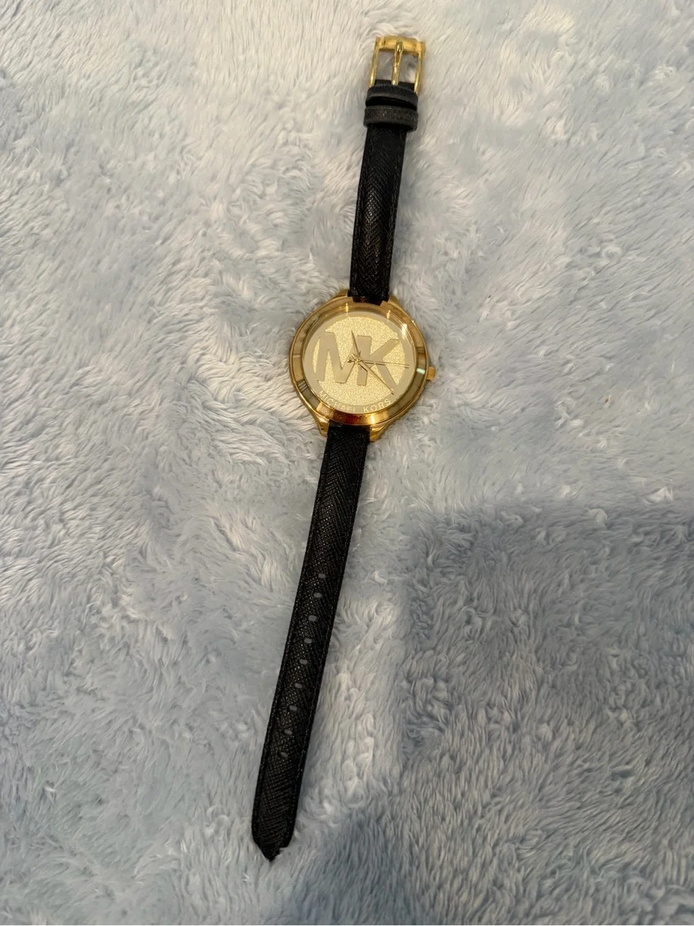 Michael Kors Gold Tone Watch with Black Strap and Glitter Dial